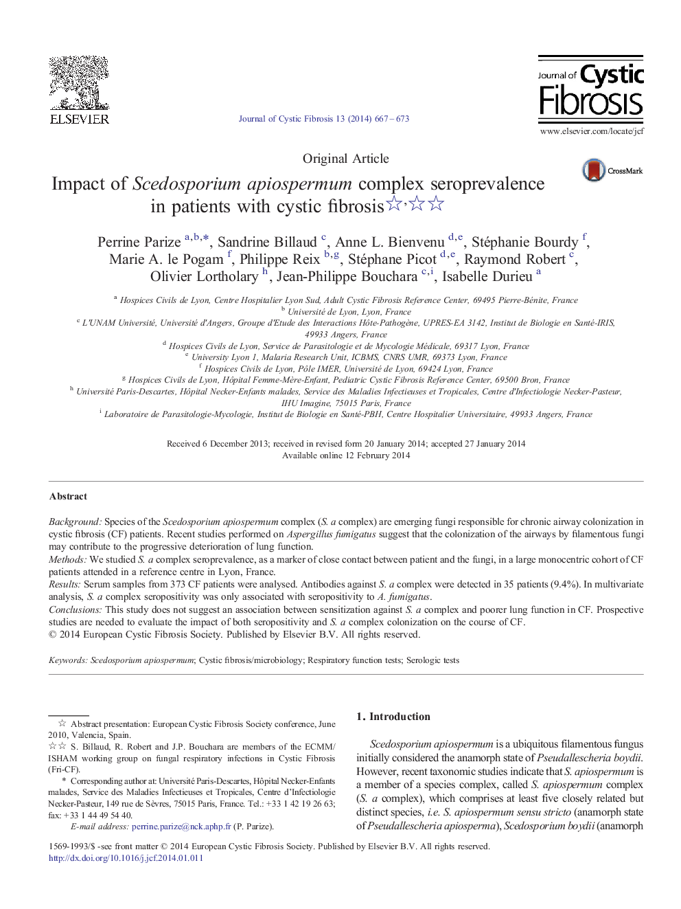 Impact of Scedosporium apiospermum complex seroprevalence in patients with cystic fibrosis 