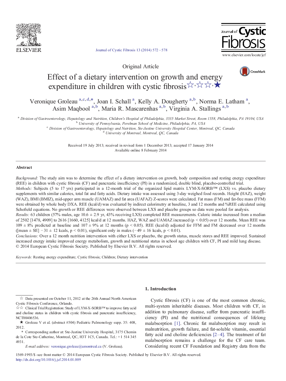 Effect of a dietary intervention on growth and energy expenditure in children with cystic fibrosis ★