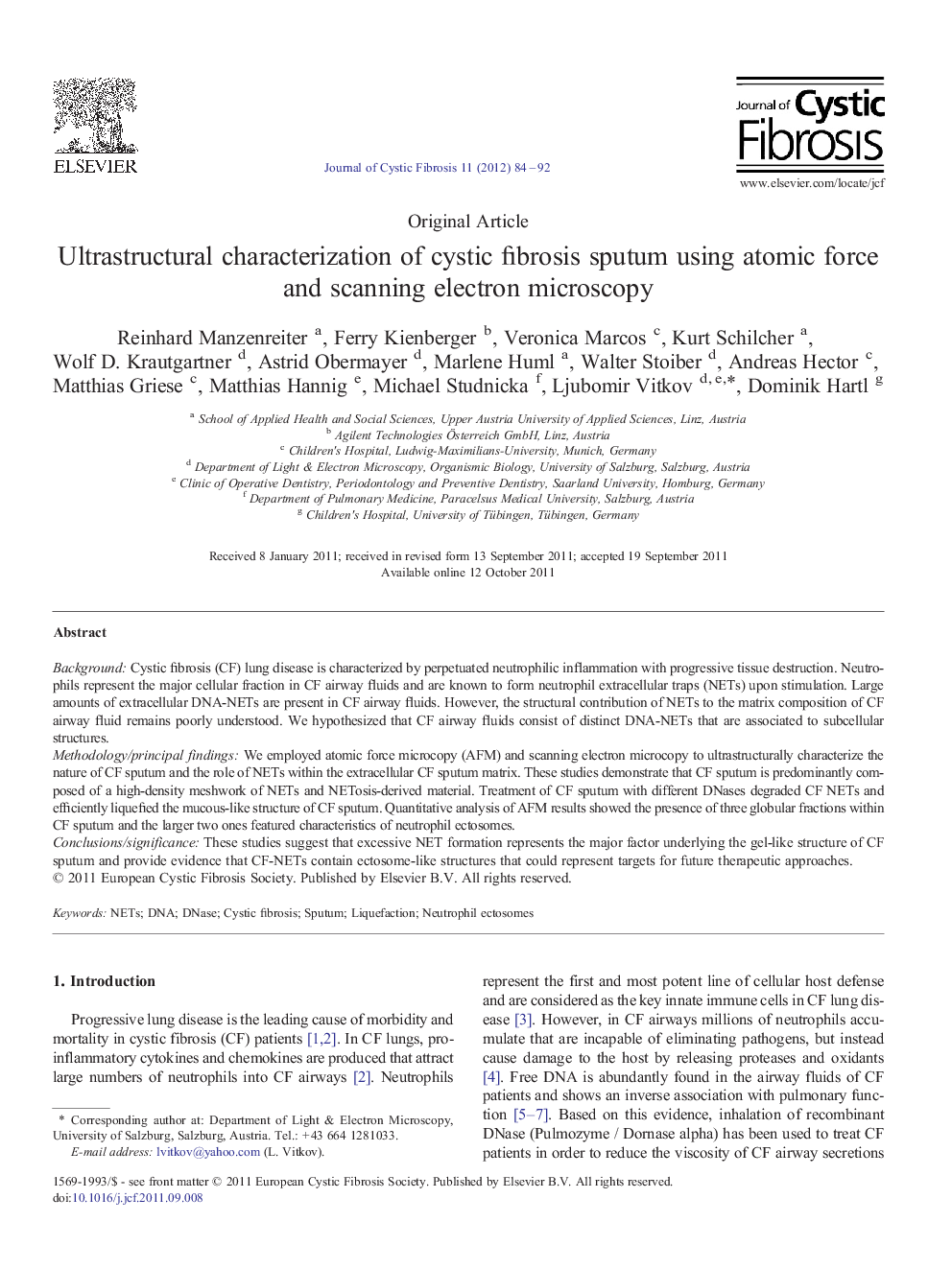 عکس صفحه اول مقاله: Ultrastructural characterization of cystic fibrosis sputum using atomic force and scanning electron microscopy Ultrastructural characterization of cystic fibrosis sputum using atomic force and scanning electron microscopy