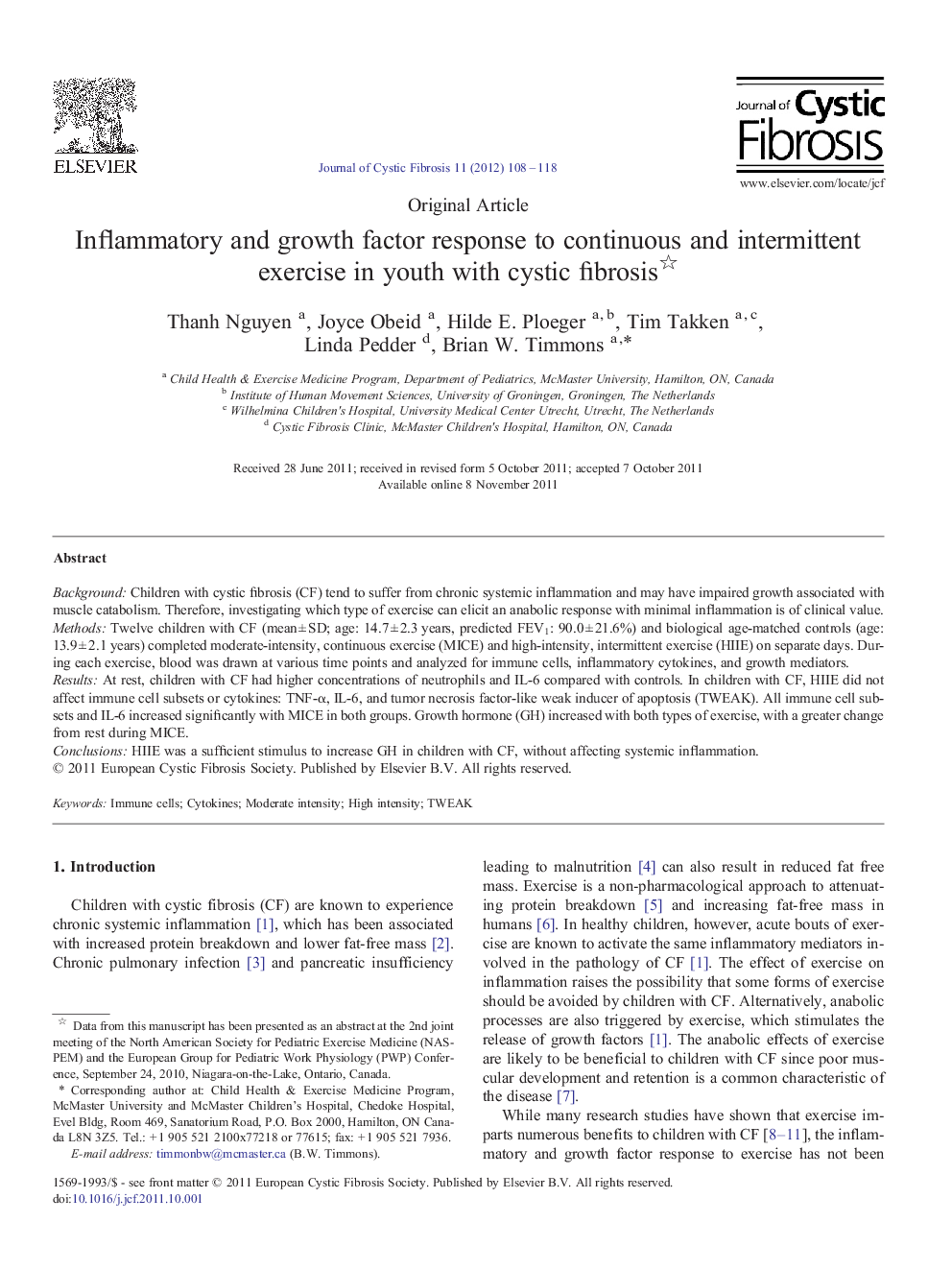 Inflammatory and growth factor response to continuous and intermittent exercise in youth with cystic fibrosis 