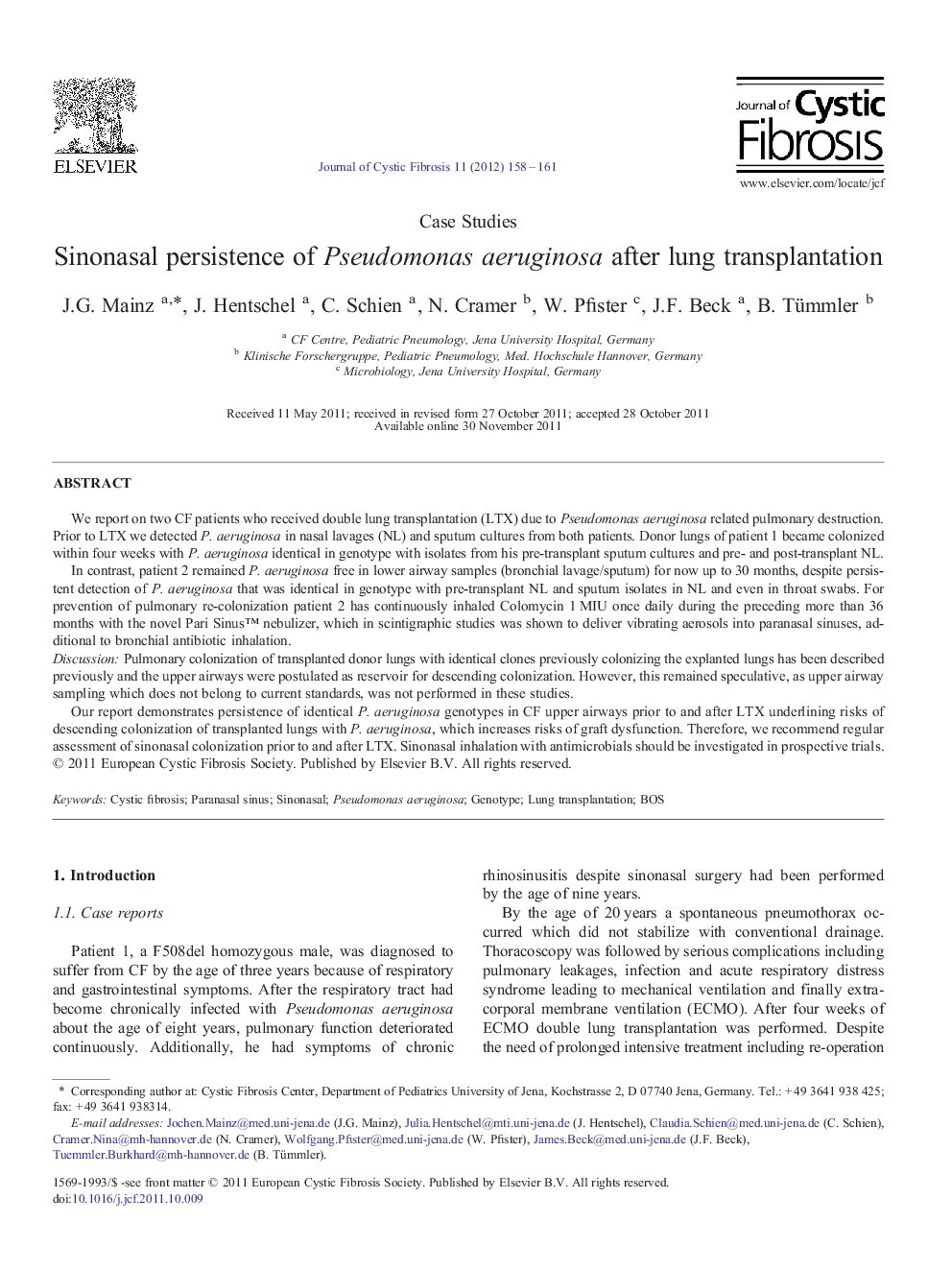 Sinonasal persistence of Pseudomonas aeruginosa after lung transplantation