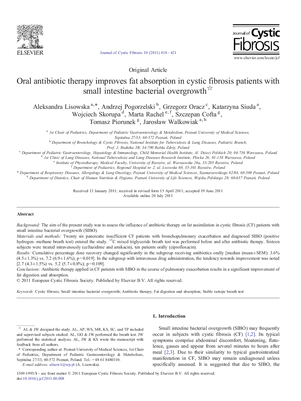 Oral antibiotic therapy improves fat absorption in cystic fibrosis patients with small intestine bacterial overgrowth 