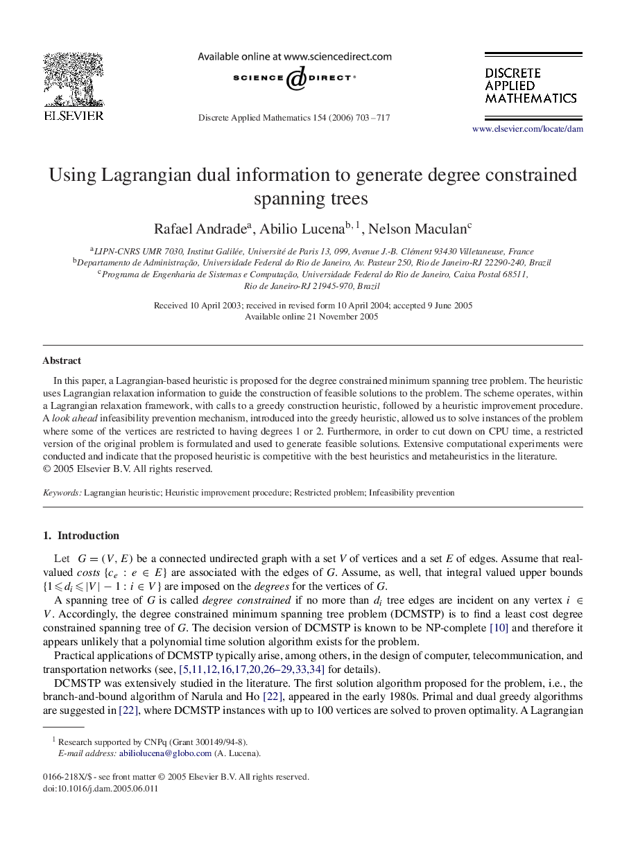 Using Lagrangian dual information to generate degree constrained spanning trees