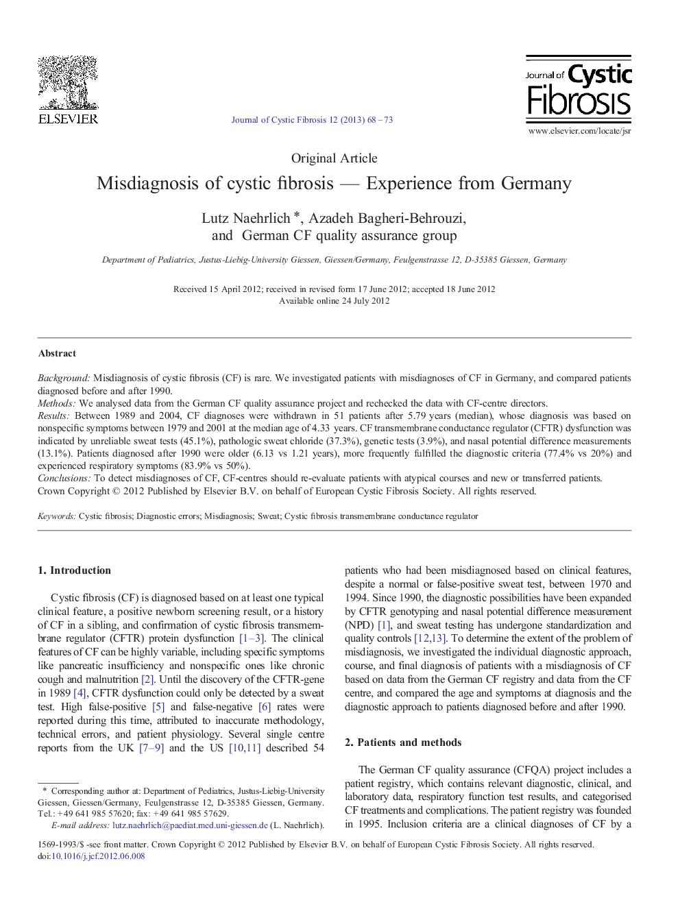 Misdiagnosis of cystic fibrosis — Experience from Germany