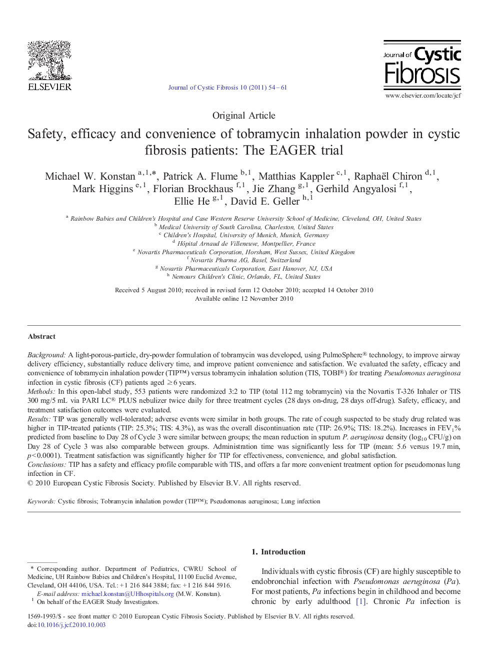 عکس صفحه اول مقاله: Safety, efficacy and convenience of tobramycin inhalation powder in cystic fibrosis patients: The EAGER trial Safety, efficacy and convenience of tobramycin inhalation powder in cystic fibrosis patients: The EAGER trial