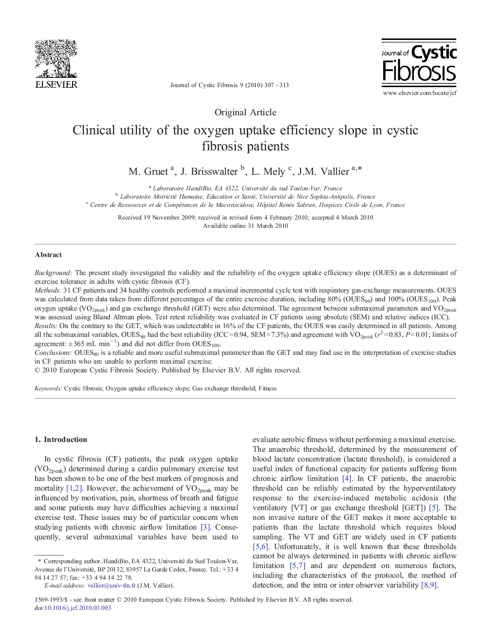 Clinical utility of the oxygen uptake efficiency slope in cystic fibrosis patients