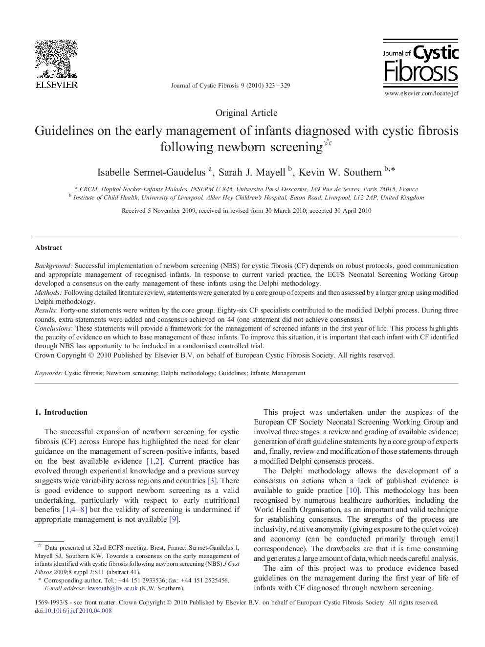 Guidelines on the early management of infants diagnosed with cystic fibrosis following newborn screening 