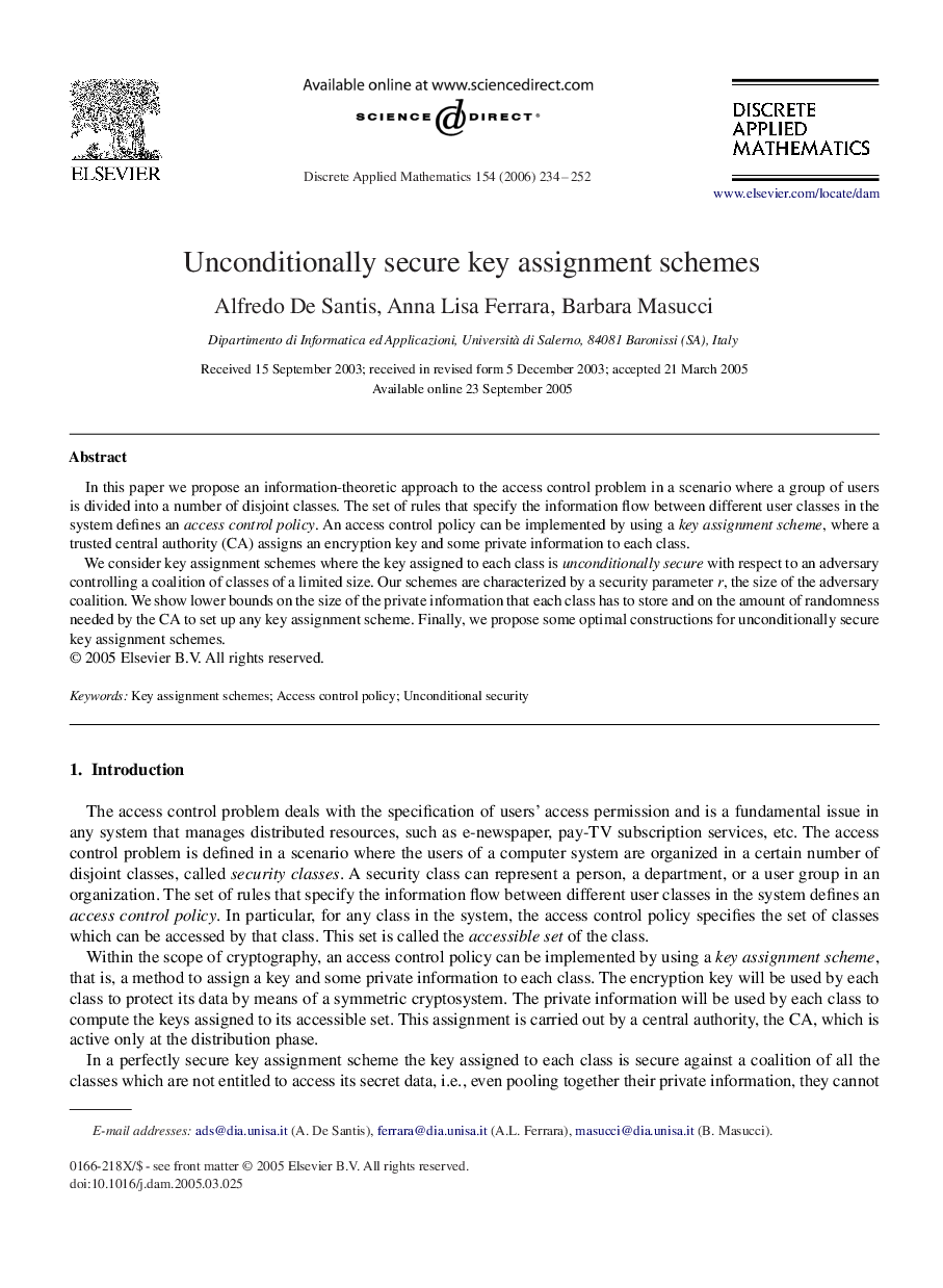 Unconditionally secure key assignment schemes