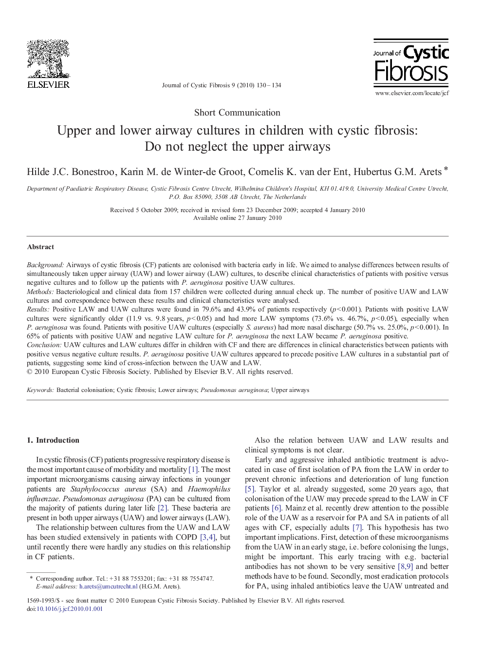 Upper and lower airway cultures in children with cystic fibrosis: Do not neglect the upper airways