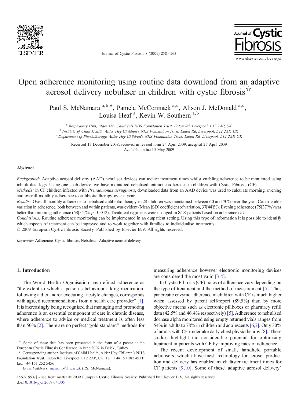 Open adherence monitoring using routine data download from an adaptive aerosol delivery nebuliser in children with cystic fibrosis 