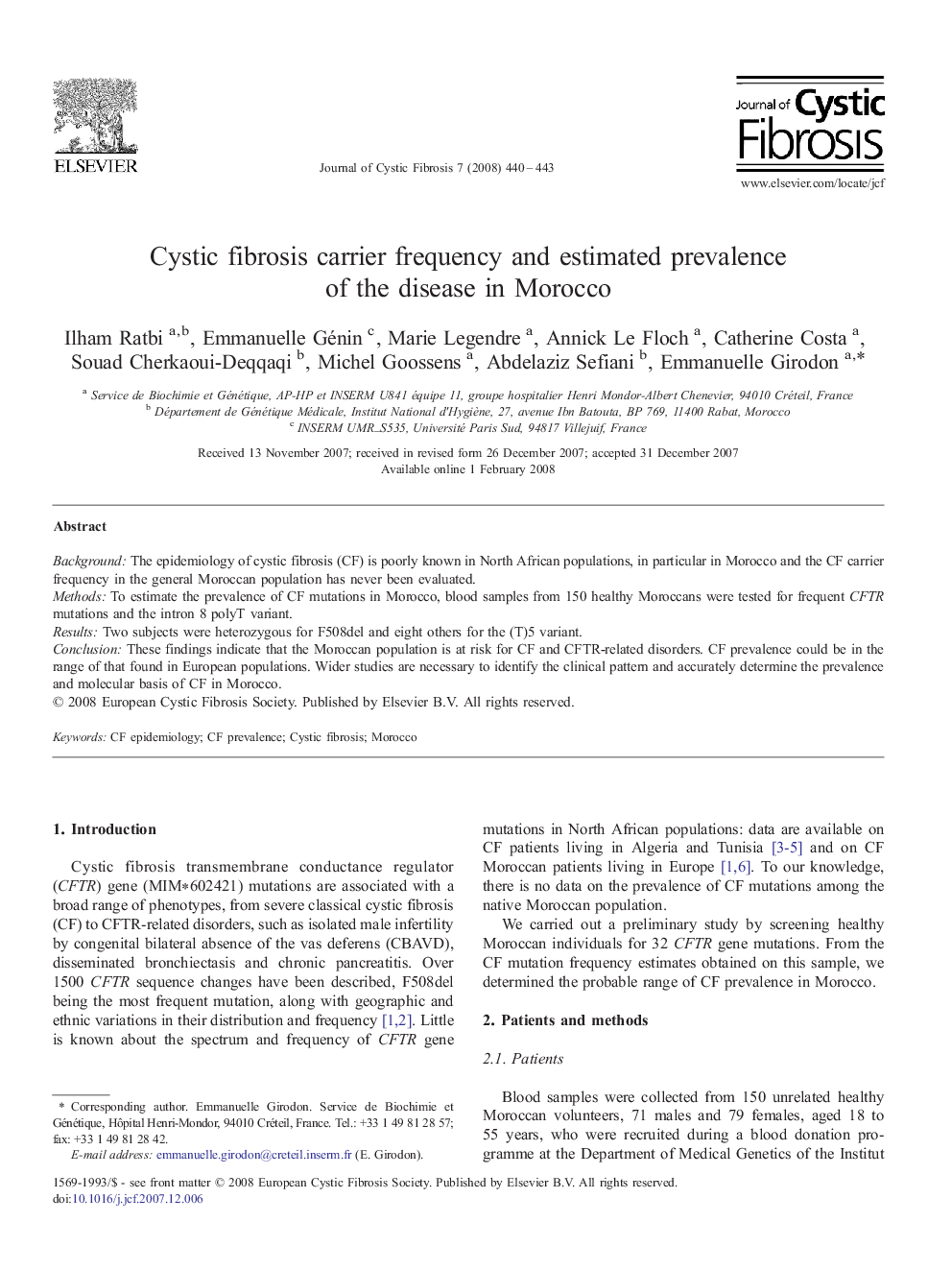 Cystic fibrosis carrier frequency and estimated prevalence of the disease in Morocco