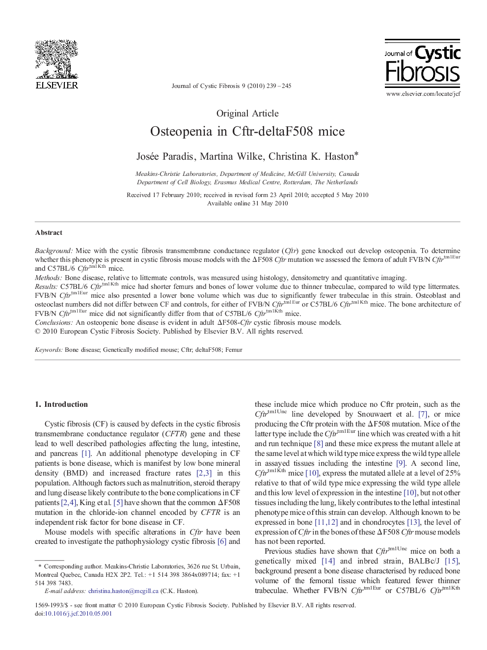 Osteopenia in Cftr-deltaF508 mice