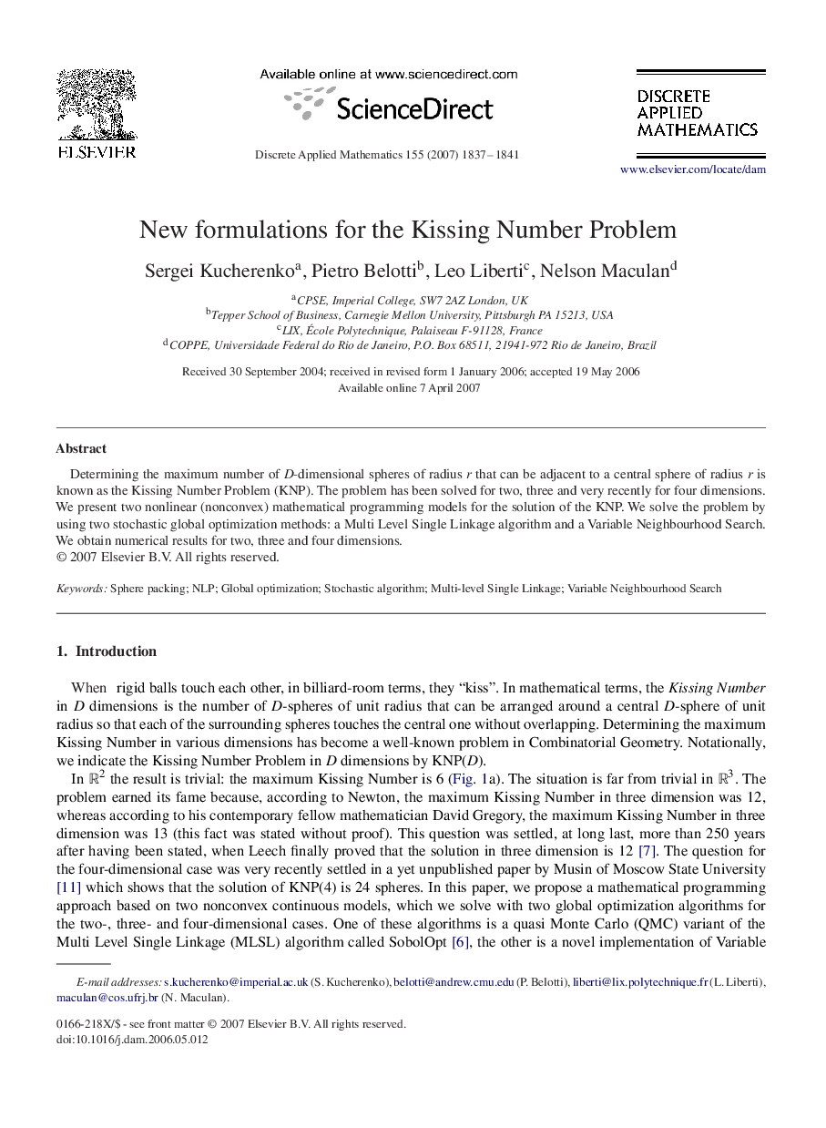 New formulations for the Kissing Number Problem