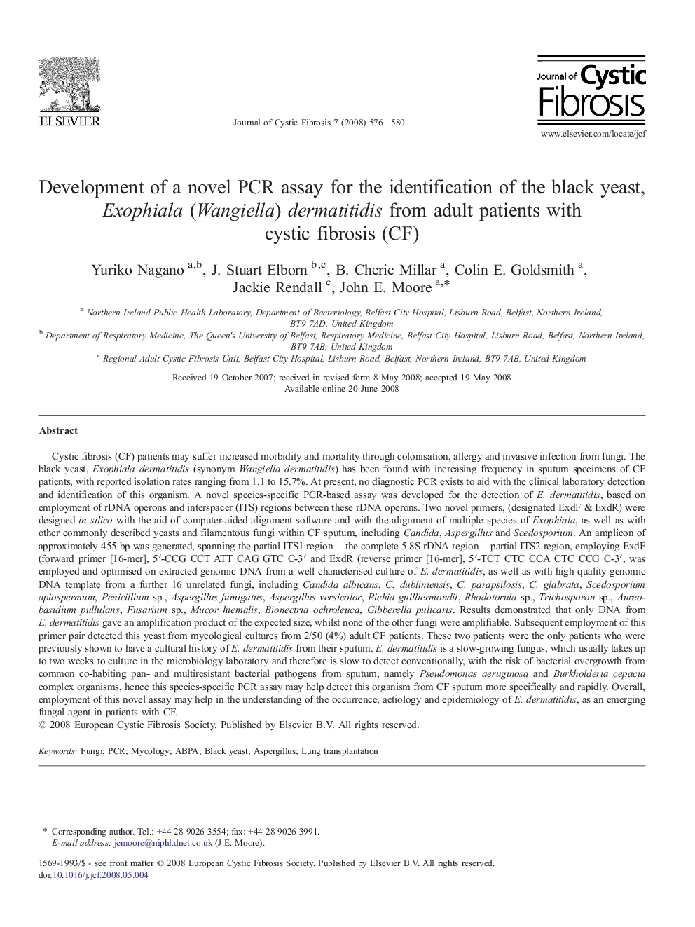 Development of a novel PCR assay for the identification of the black yeast, Exophiala (Wangiella) dermatitidis from adult patients with cystic fibrosis (CF)