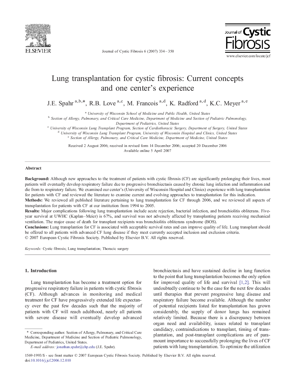 Lung transplantation for cystic fibrosis: Current concepts and one center's experience