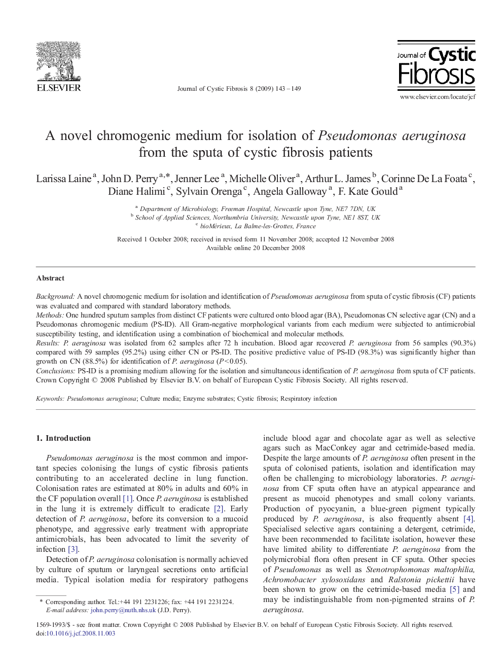 A novel chromogenic medium for isolation of Pseudomonas aeruginosa from the sputa of cystic fibrosis patients