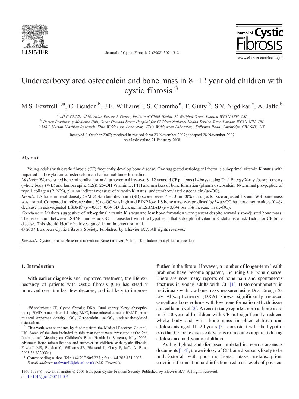 عکس صفحه اول مقاله: Undercarboxylated osteocalcin and bone mass in 8–12 year old children with cystic fibrosis Undercarboxylated osteocalcin and bone mass in 8–12 year old children with cystic fibrosis