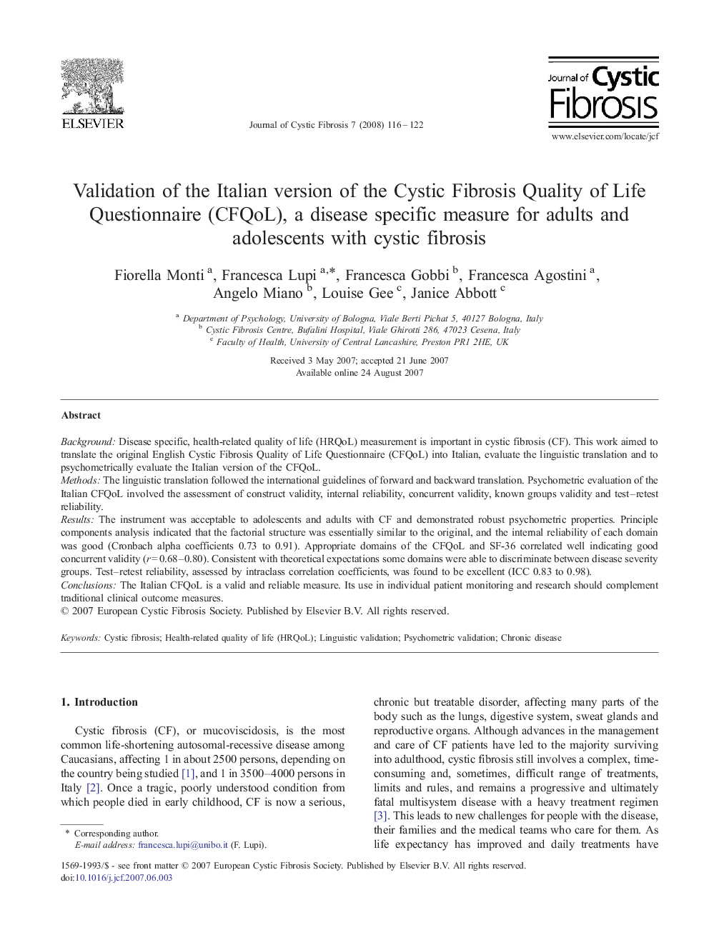 Validation of the Italian version of the Cystic Fibrosis Quality of Life Questionnaire (CFQoL), a disease specific measure for adults and adolescents with cystic fibrosis