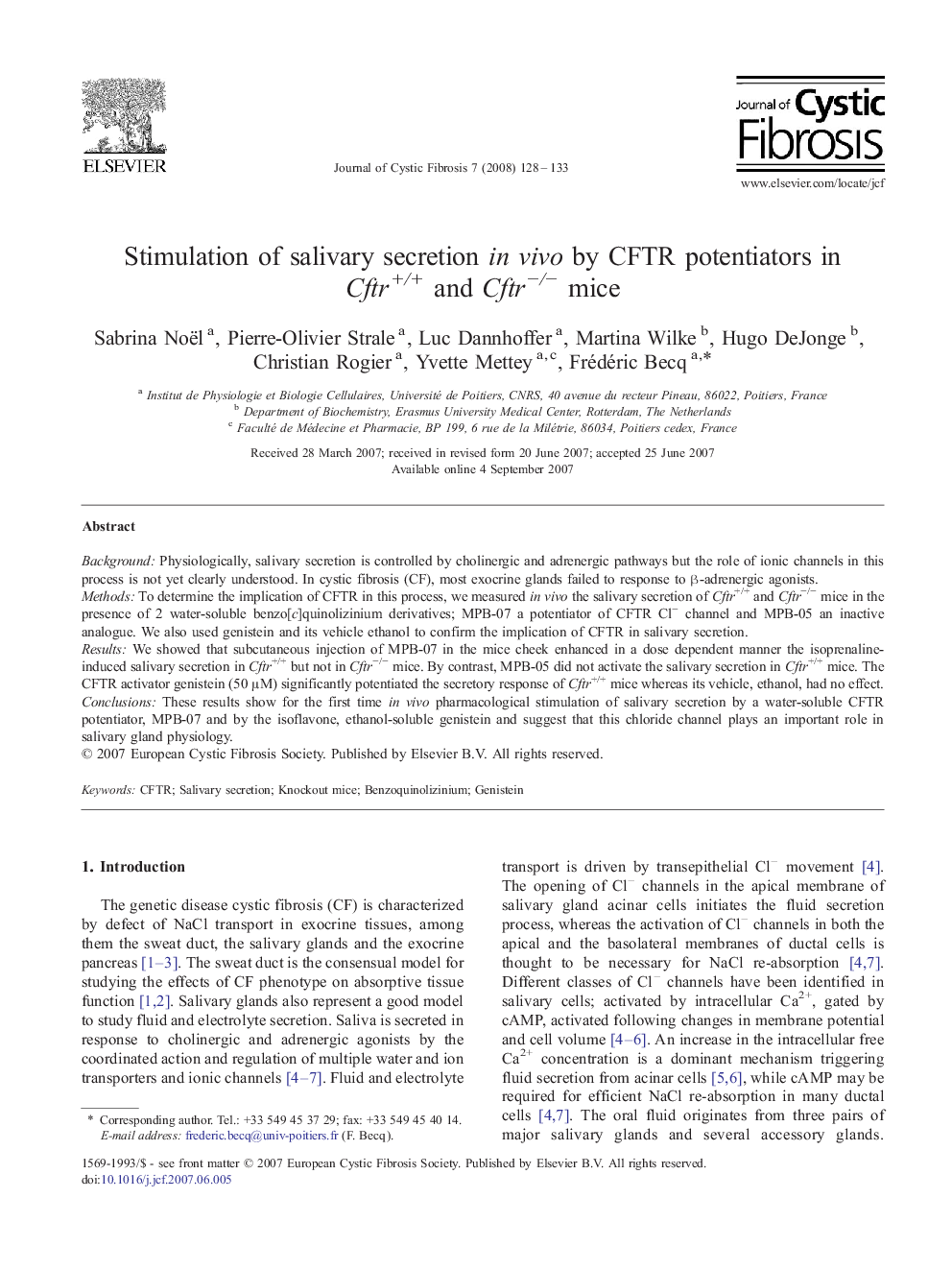 Stimulation of salivary secretion in vivo by CFTR potentiators in Cftr+/+ and Cftr−/− mice