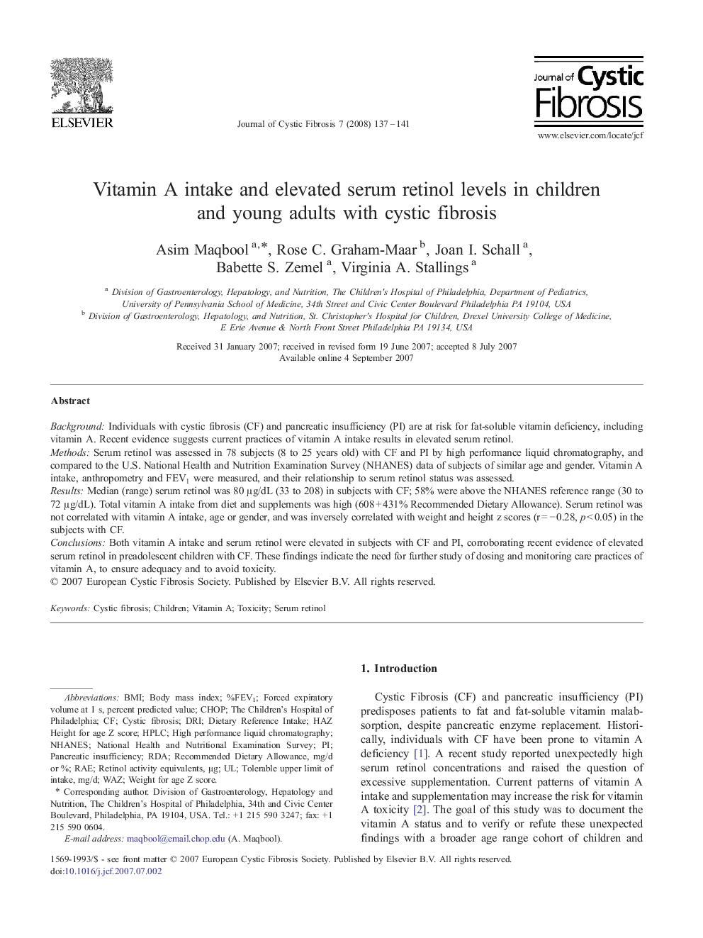 Vitamin A intake and elevated serum retinol levels in children and young adults with cystic fibrosis