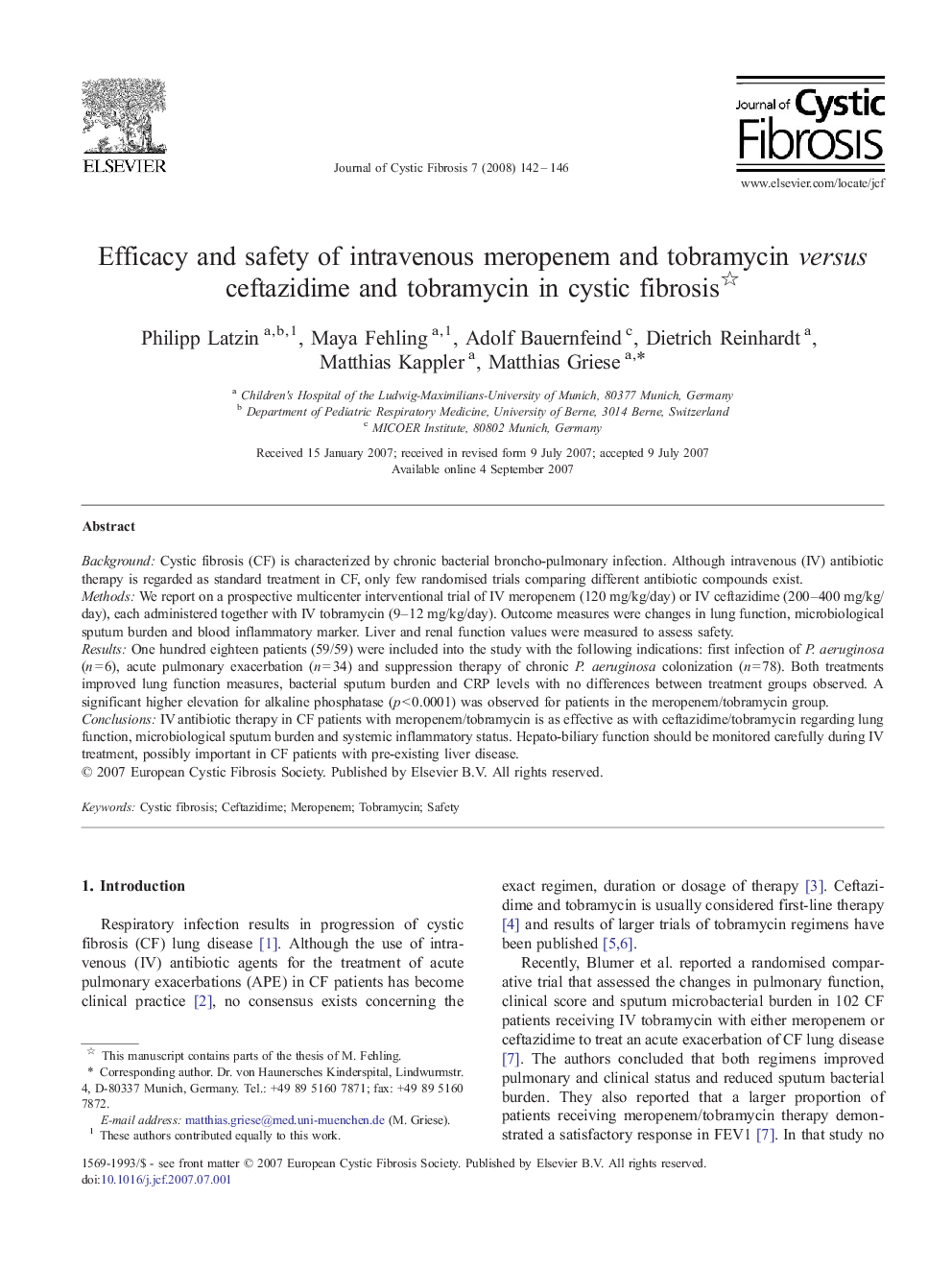 عکس صفحه اول مقاله: Efficacy and safety of intravenous meropenem and tobramycin versus ceftazidime and tobramycin in cystic fibrosis Efficacy and safety of intravenous meropenem and tobramycin versus ceftazidime and tobramycin in cystic fibrosis