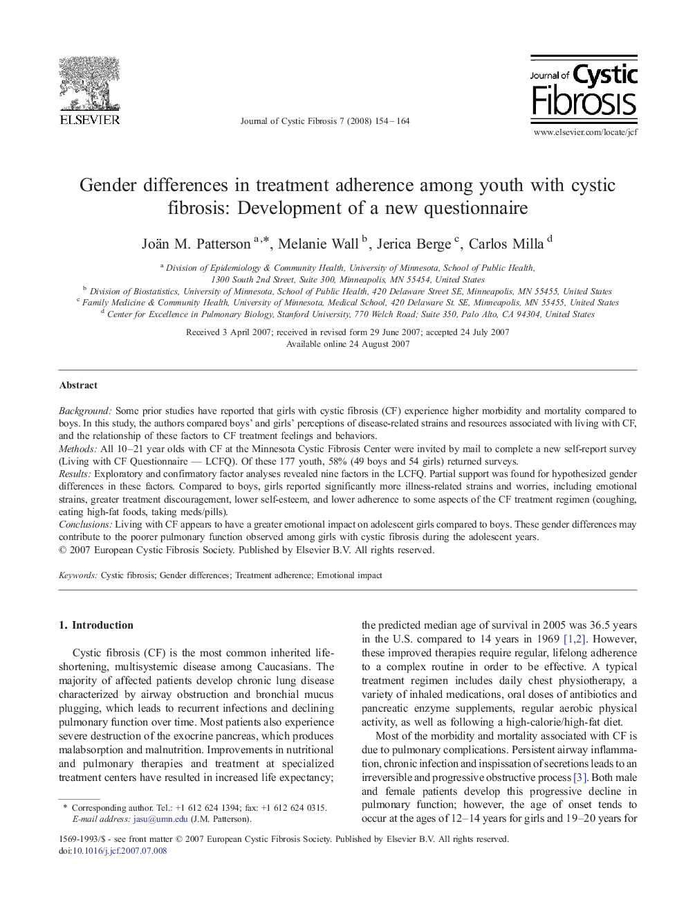 Gender differences in treatment adherence among youth with cystic fibrosis: Development of a new questionnaire