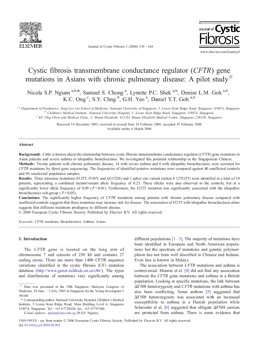 Cystic fibrosis transmembrane conductance regulator (CFTR) gene mutations in Asians with chronic pulmonary disease: A pilot study 