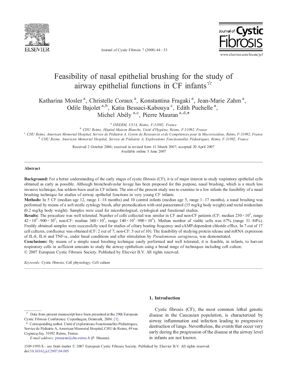 Feasibility of nasal epithelial brushing for the study of airway epithelial functions in CF infants 