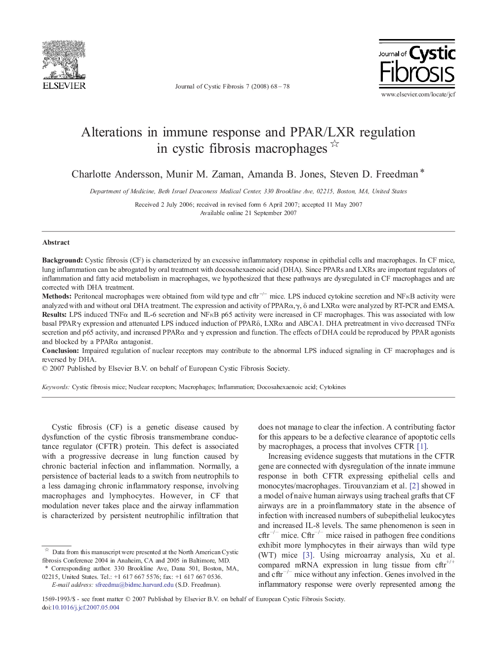 عکس صفحه اول مقاله: Alterations in immune response and PPAR/LXR regulation in cystic fibrosis macrophages Alterations in immune response and PPAR/LXR regulation in cystic fibrosis macrophages