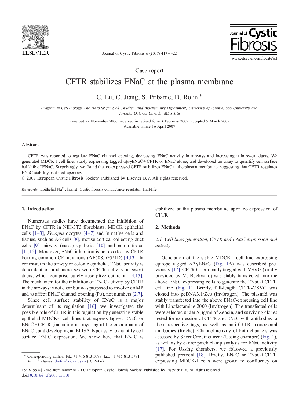 CFTR stabilizes ENaC at the plasma membrane