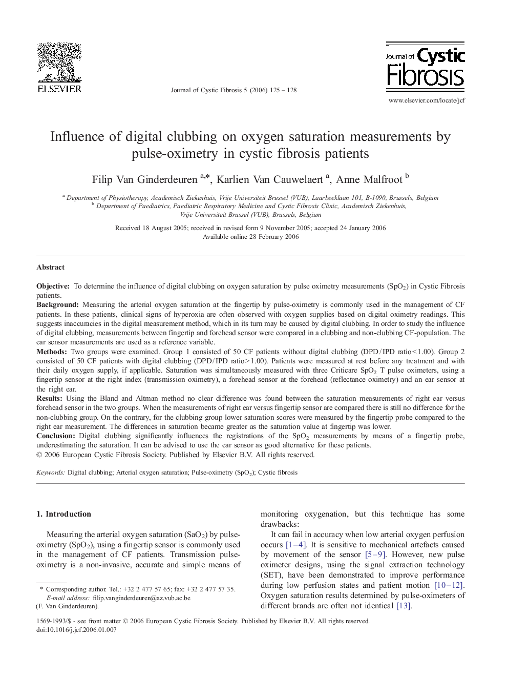 Influence of digital clubbing on oxygen saturation measurements by pulse-oximetry in cystic fibrosis patients