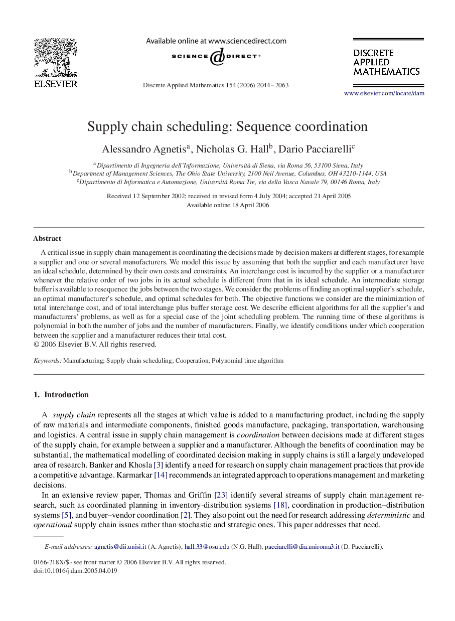 Supply chain scheduling: Sequence coordination