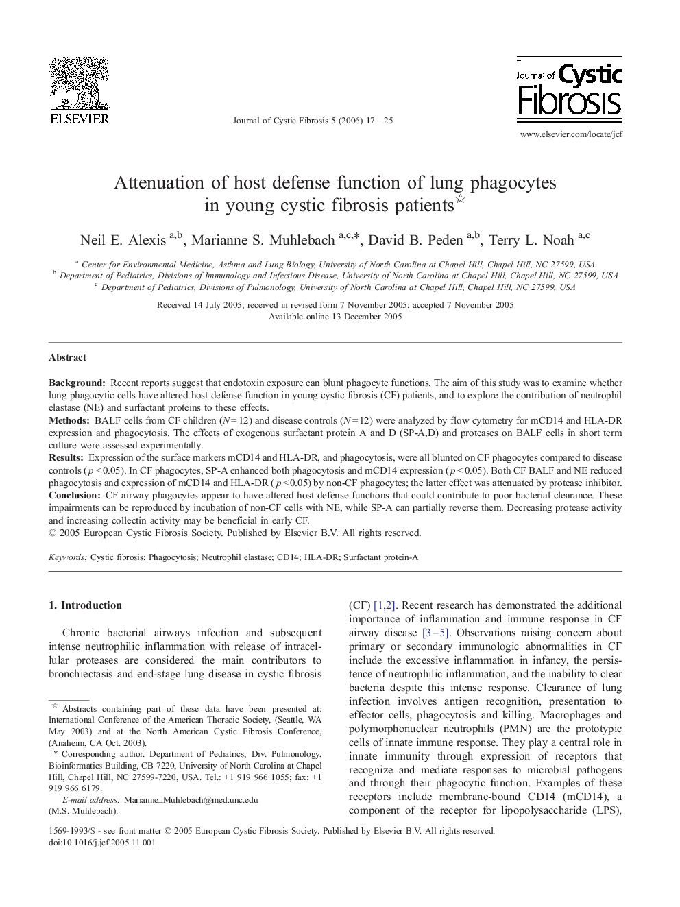 Attenuation of host defense function of lung phagocytes in young cystic fibrosis patients 