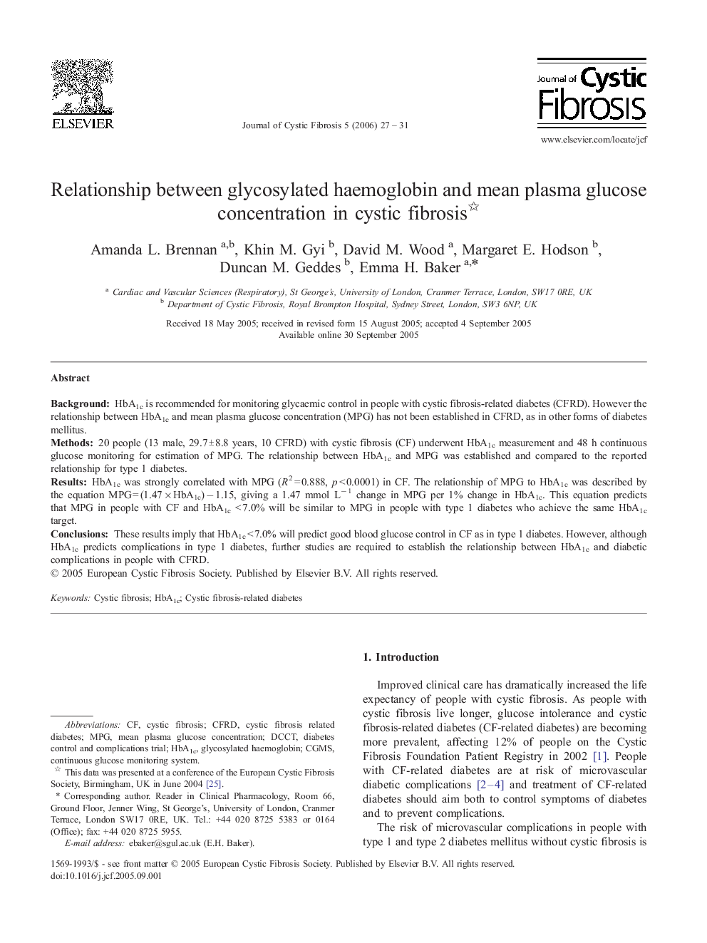 Relationship between glycosylated haemoglobin and mean plasma glucose concentration in cystic fibrosis 