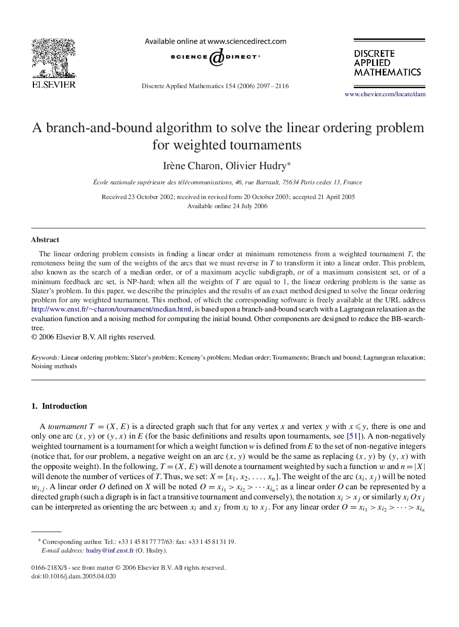 A branch-and-bound algorithm to solve the linear ordering problem for weighted tournaments