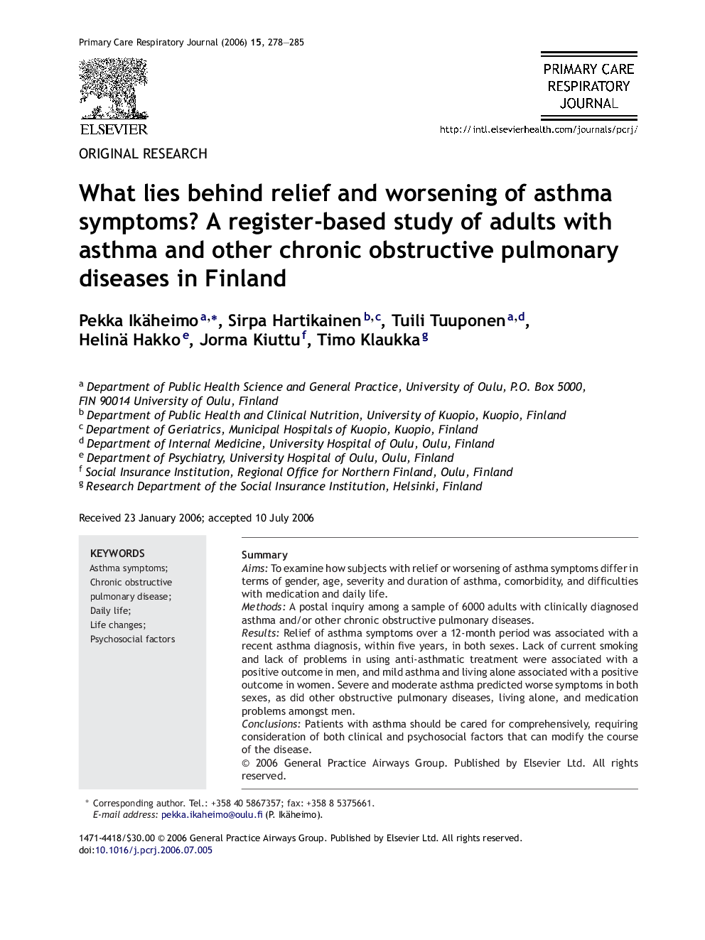 What lies behind relief and worsening of asthma symptoms? A register-based study of adults with asthma and other chronic obstructive pulmonary diseases in Finland