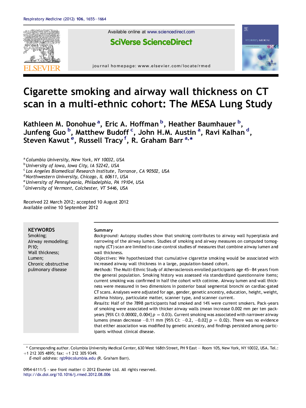 Cigarette smoking and airway wall thickness on CT scan in a multi-ethnic cohort: The MESA Lung Study