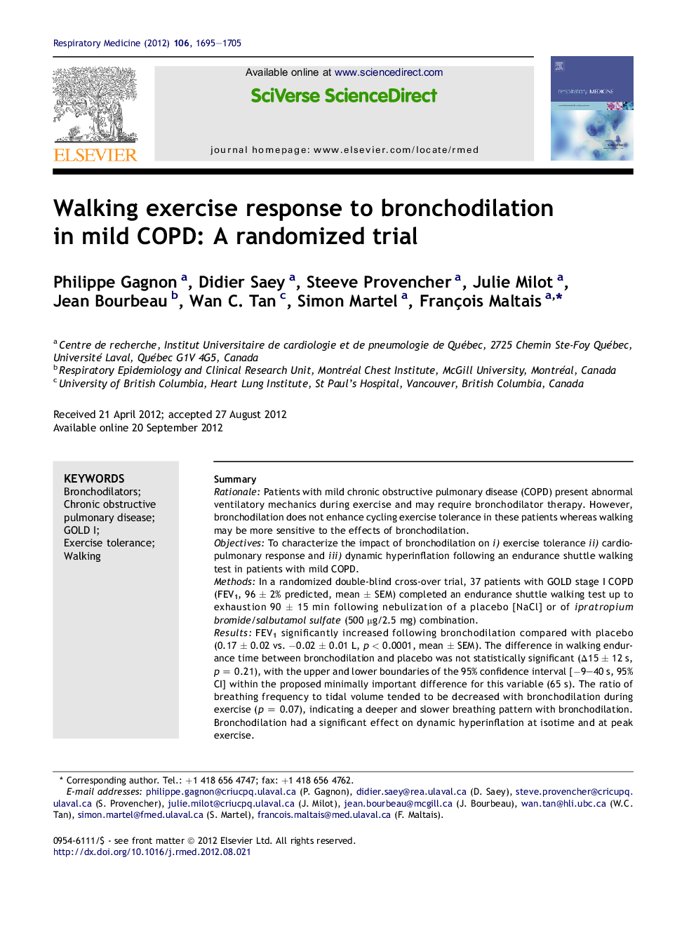 Walking exercise response to bronchodilation in mild COPD: A randomized trial