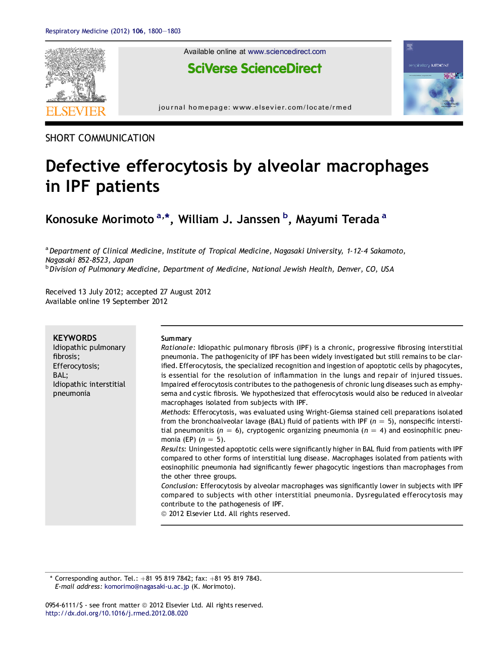 Defective efferocytosis by alveolar macrophages in IPF patients