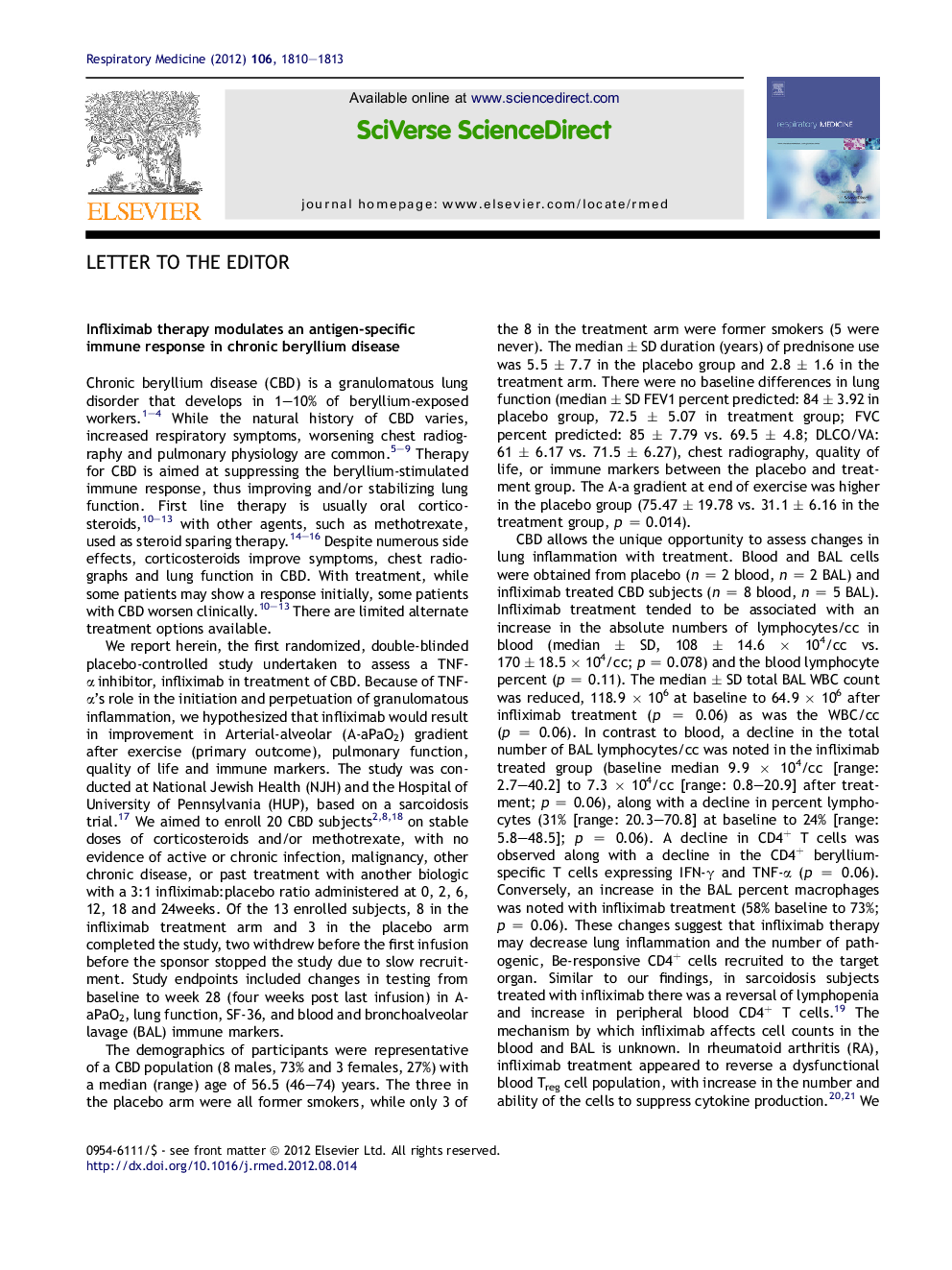Infliximab therapy modulates an antigen-specific immune response in chronic beryllium disease