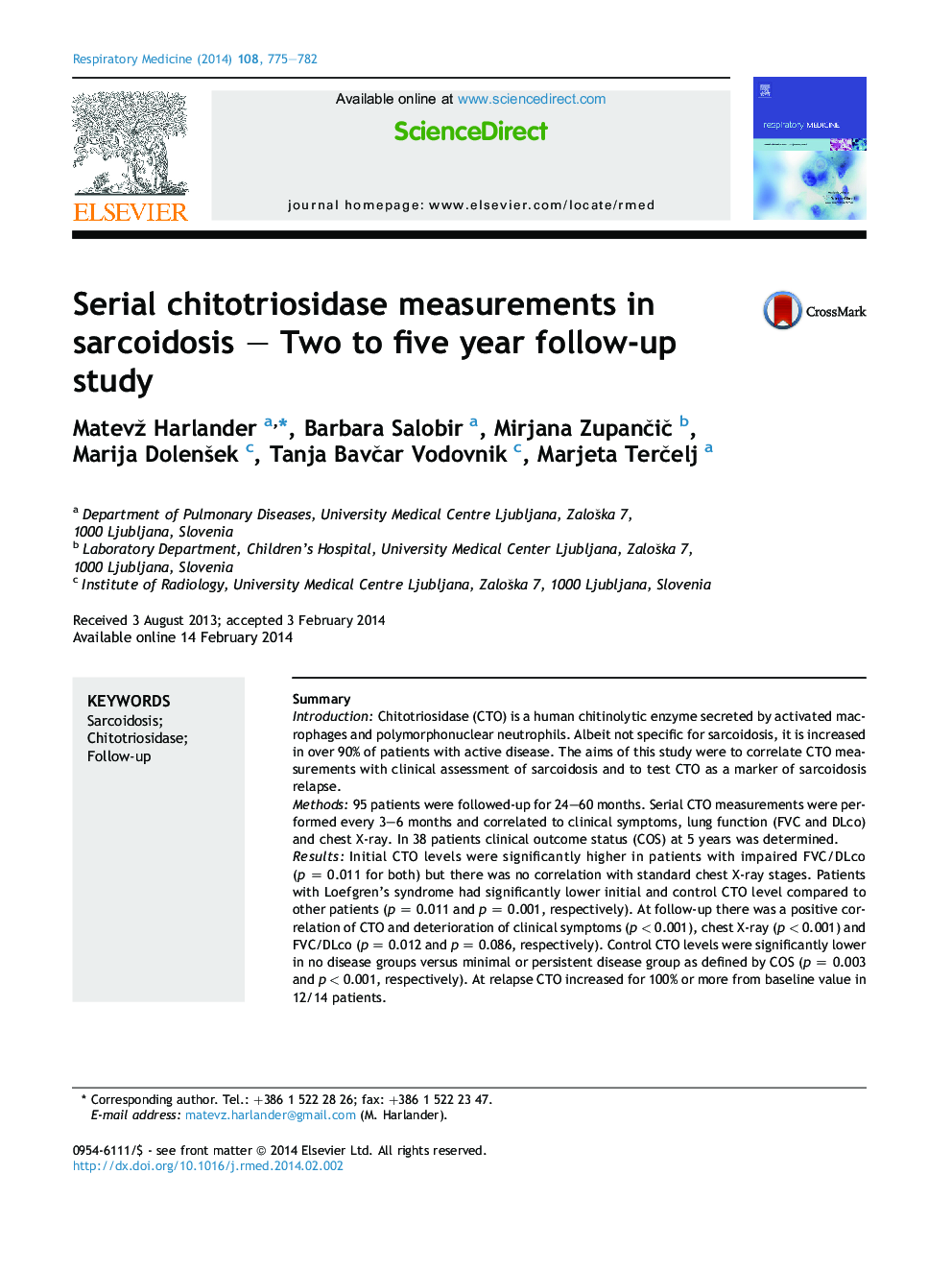 اندازه گیری های کیتوتریوزیداز سریال در سارکوئیدوز - دو تا پنج ساله پس آزمون 
