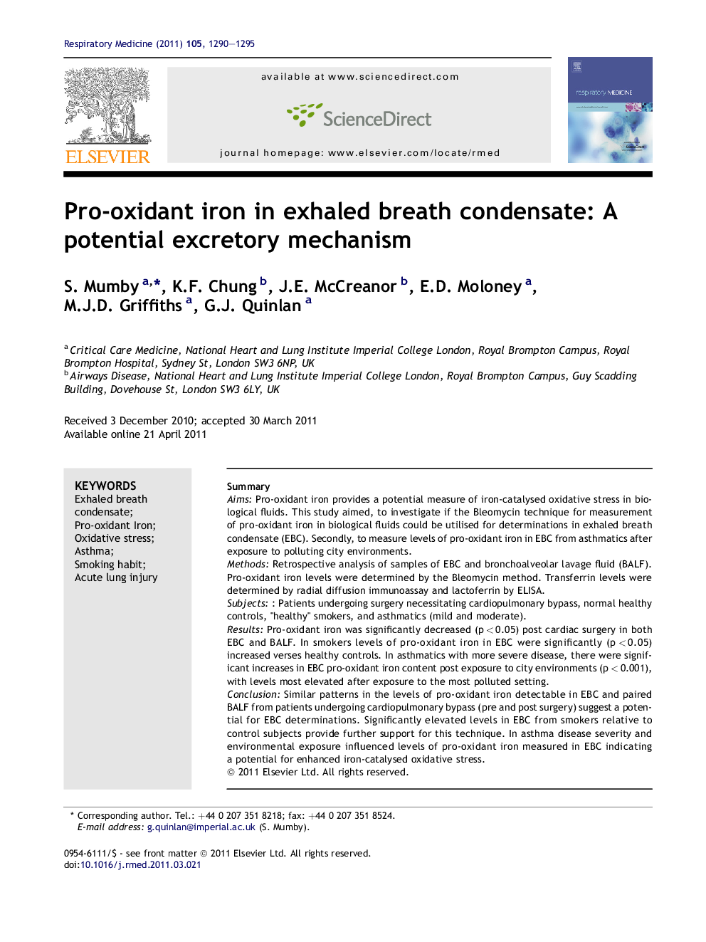 Pro-oxidant iron in exhaled breath condensate: A potential excretory mechanism