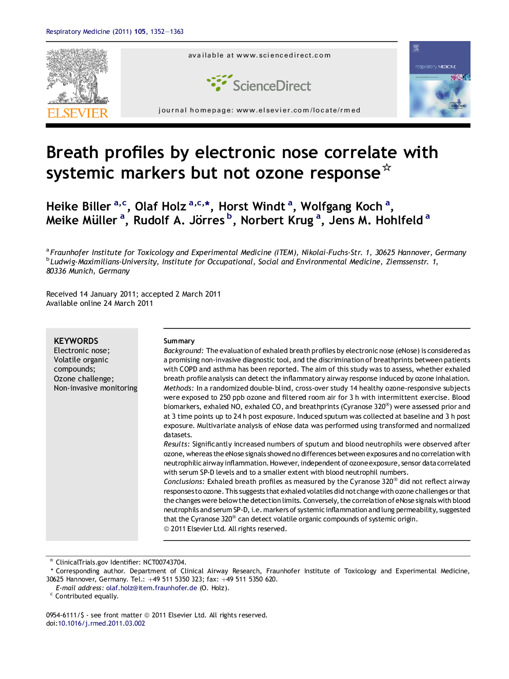 Breath profiles by electronic nose correlate with systemic markers but not ozone response 