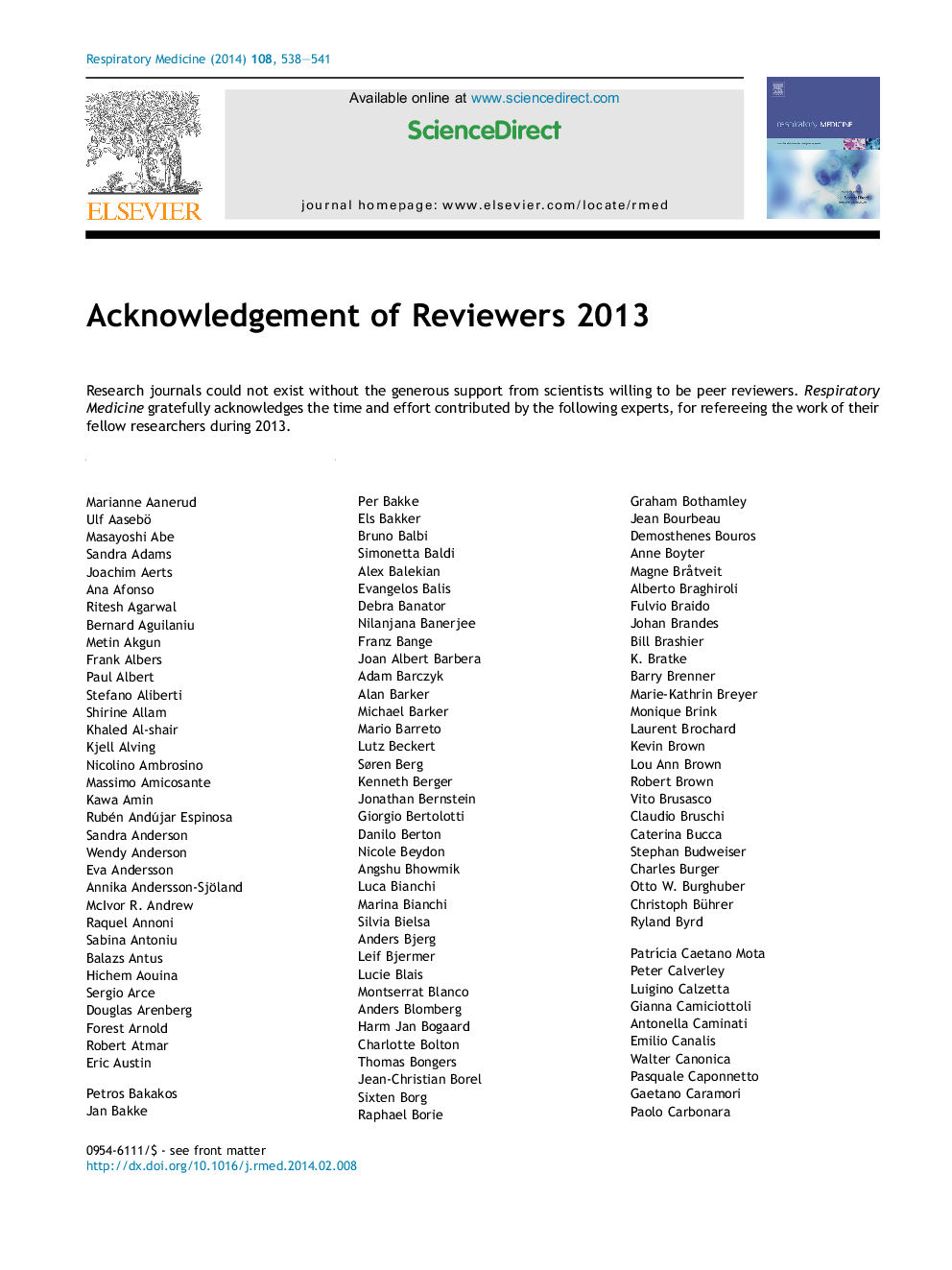 Acknowledgement to Reviewers 2013