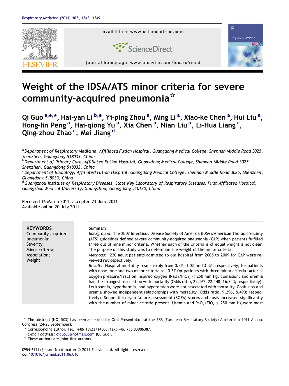 Weight of the IDSA/ATS minor criteria for severe community-acquired pneumonia 