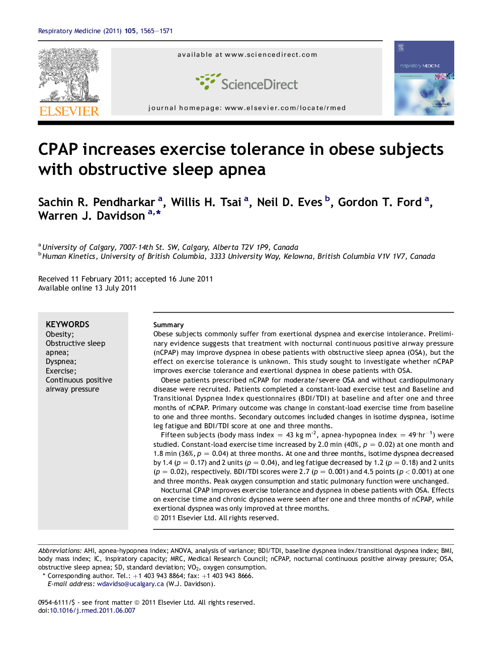 CPAP increases exercise tolerance in obese subjects with obstructive sleep apnea