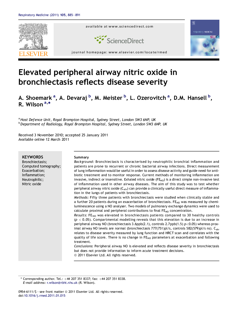 Elevated peripheral airway nitric oxide in bronchiectasis reflects disease severity