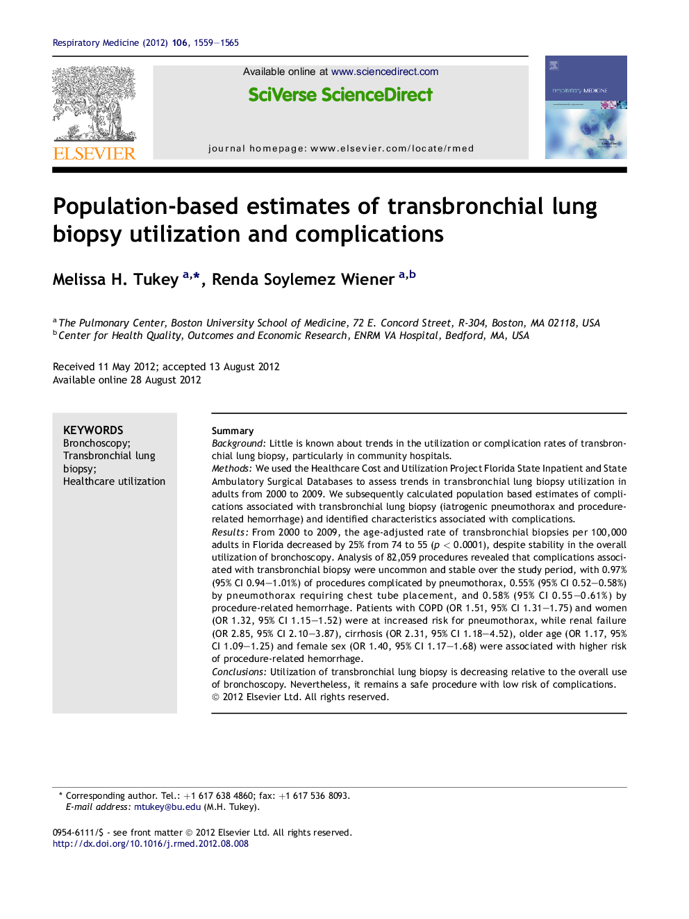 Population-based estimates of transbronchial lung biopsy utilization and complications