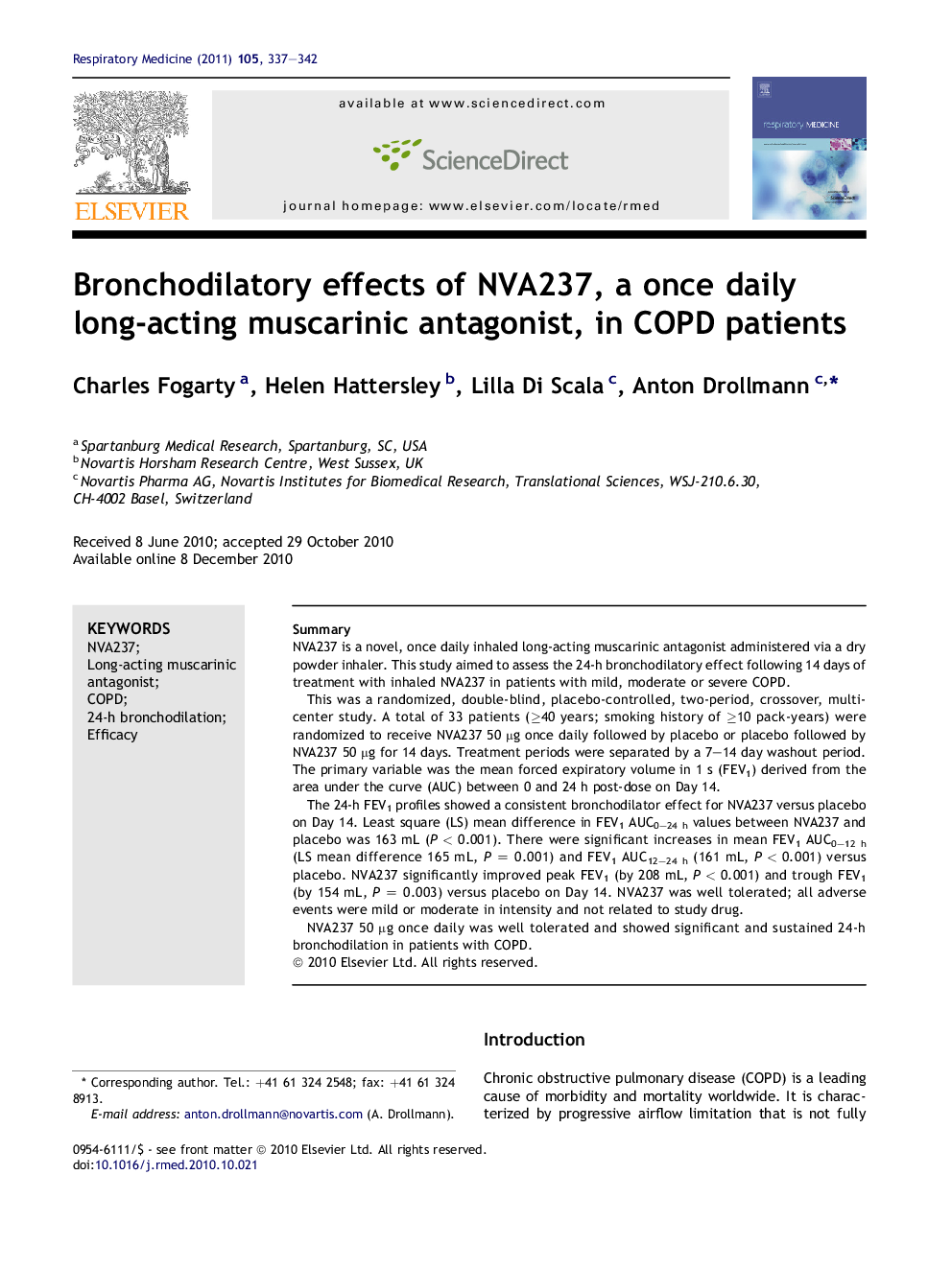 Bronchodilatory effects of NVA237, a once daily long-acting muscarinic antagonist, in COPD patients