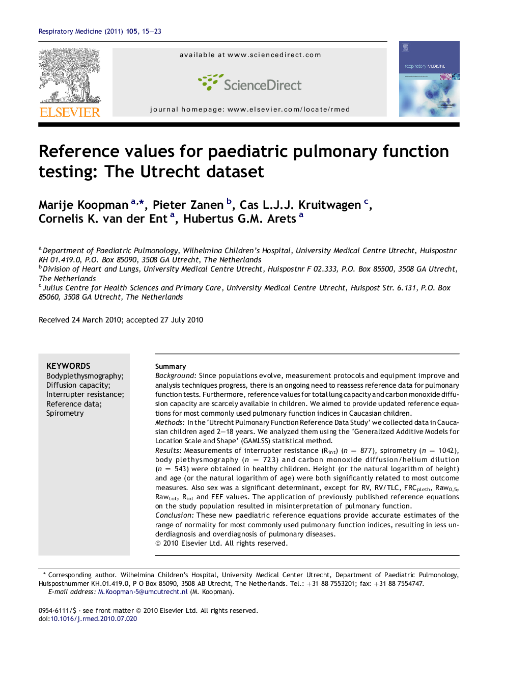 Reference values for paediatric pulmonary function testing: The Utrecht dataset